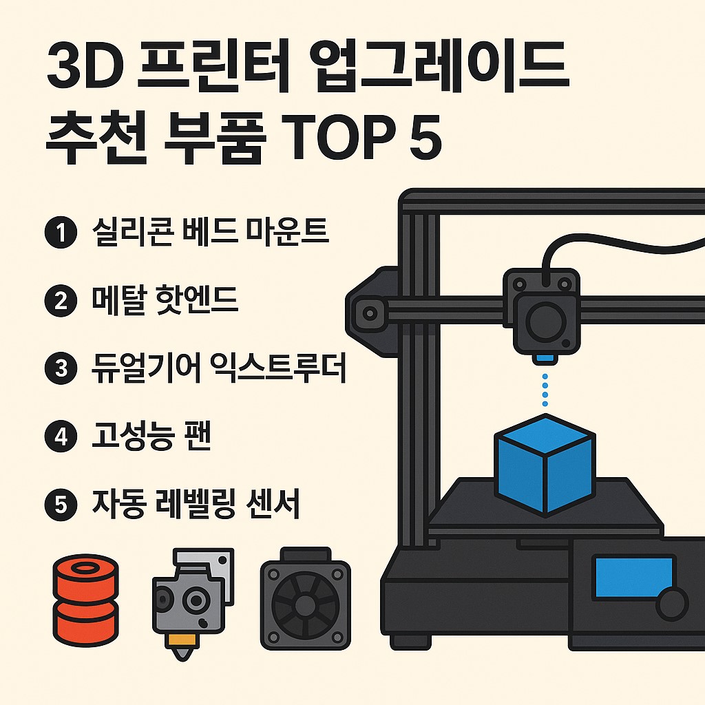 3D 프린터 업그레이드 추천 부품 5가지 요약 인포그래픽