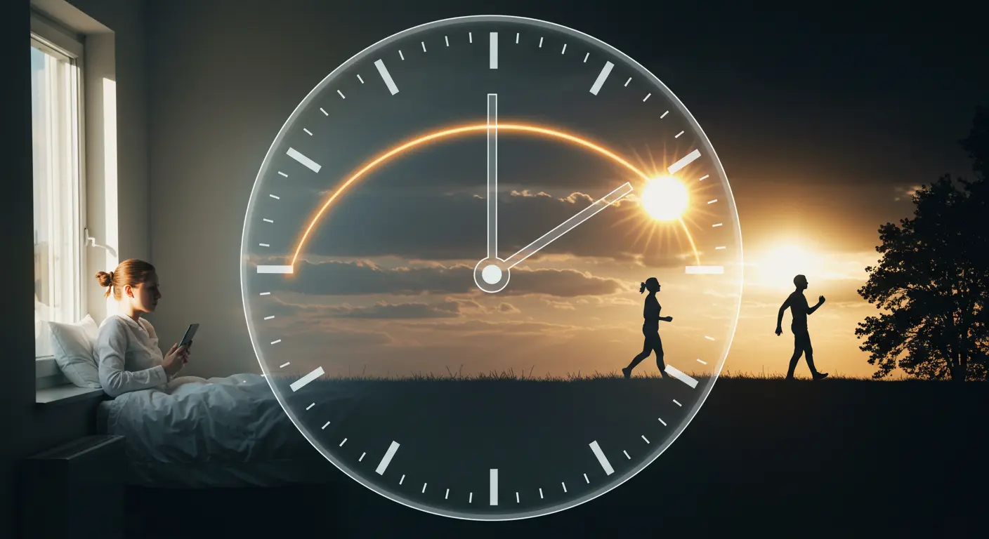 시계 다이얼 위에 표시된 시간대별 햇빛 노출 가이드 - 아침 9시 창가에서 깨어나는 여성과 오후 2시 야외에서 활동하는 사람들의 실루엣이 태양의 궤적과 함께 표현된 비타민D 최적 시간 인포그래픽