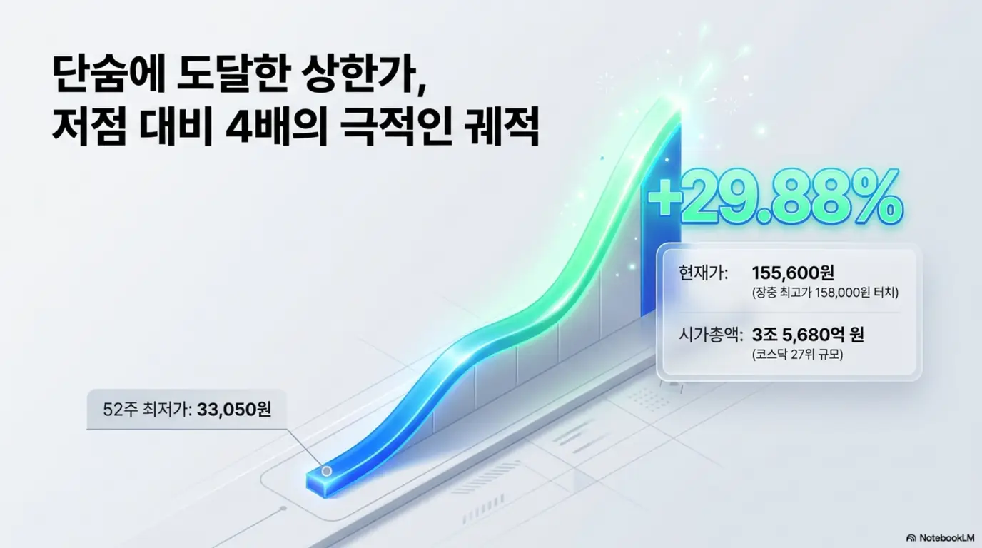 유진테크 주가가 52주 최저가 33,050원에서 장중 155,600원까지 +29.88% 급등해 상한가에 도달한 궤적을 보여주는 그래프 이미지. 현재가 155,600원과 시가총액 3조 5,680억원(코스닥 27위)을 함께 표시하며, 블로그의 유진테크 주가 상한가 급등 배경 분석과 관련된 내용을 설명함