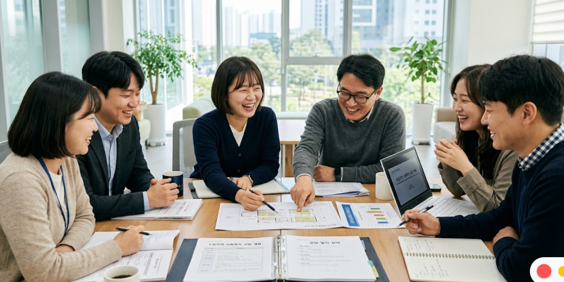 사회복지사 동료들이 함께 모여 계획서를 검토하며 즐겁게 아이디어를 나누는 모습