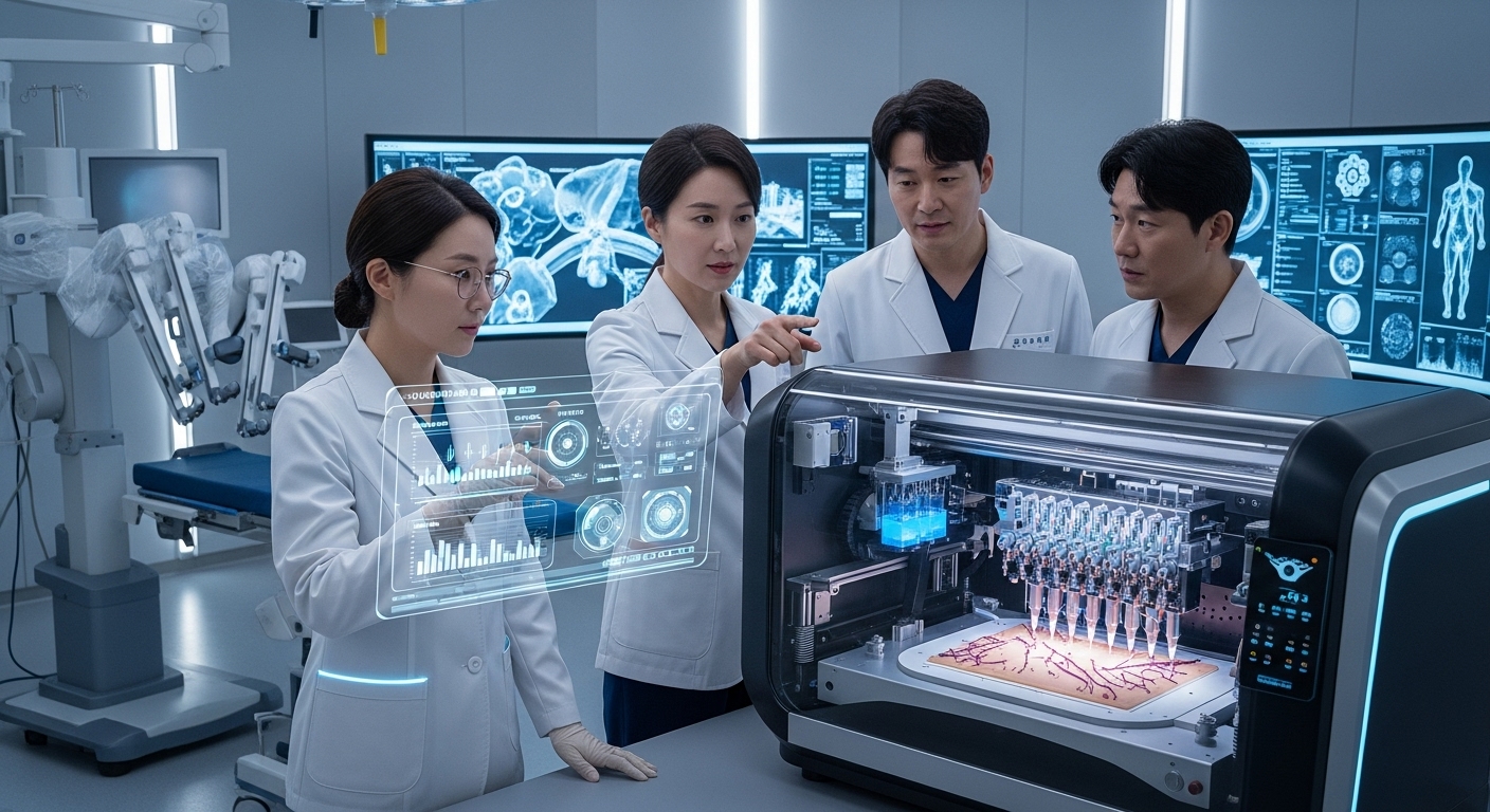 Korean hospital scene where a team of Korean doctors are gathered around a next-generation bio 3D printer actively printing synthetic human skin