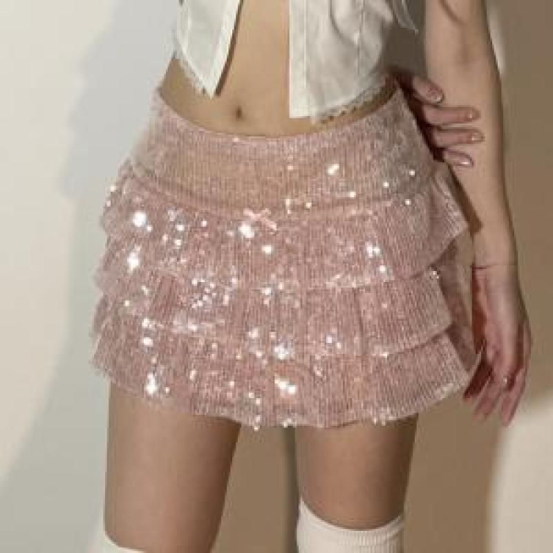 라인댄스치마 라인댄스옷 여성 스팽글 미니 스커트 핑크 레이어드 러플 스트리트웨어 숏 A 라인 클럽 파티