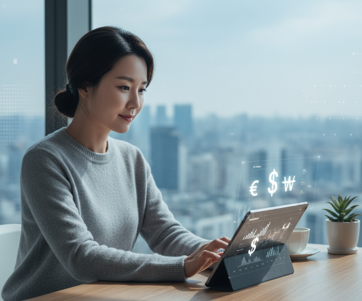 노트북으로 환율 조회하는 여자
