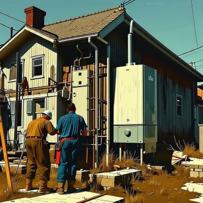 취약계층의 낡은 집에 새 보일러로 교체하고 있는 모습