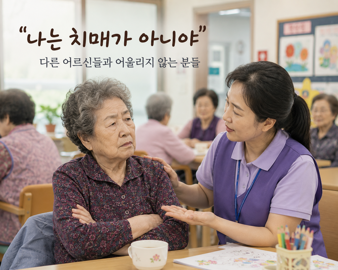 주야간보호센터에서 다른 어르신들과 어울리지 않고 앉아 있는 어르신에게 요양보호사가 다정하게 말을 건네는 모습