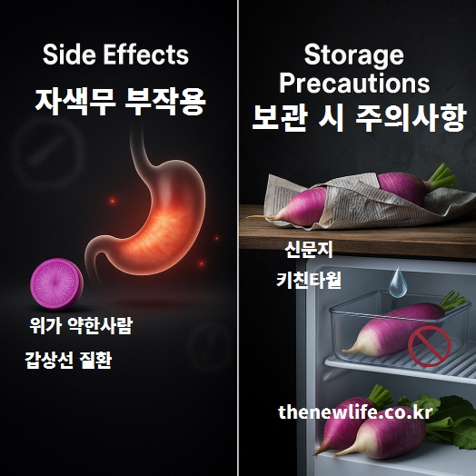 자색무 부작용과 보관 시 주의사항 – 위가 약한 사람과 갑상선 질환 주의, 신문지·키친타월로 감싸 보관하는 법