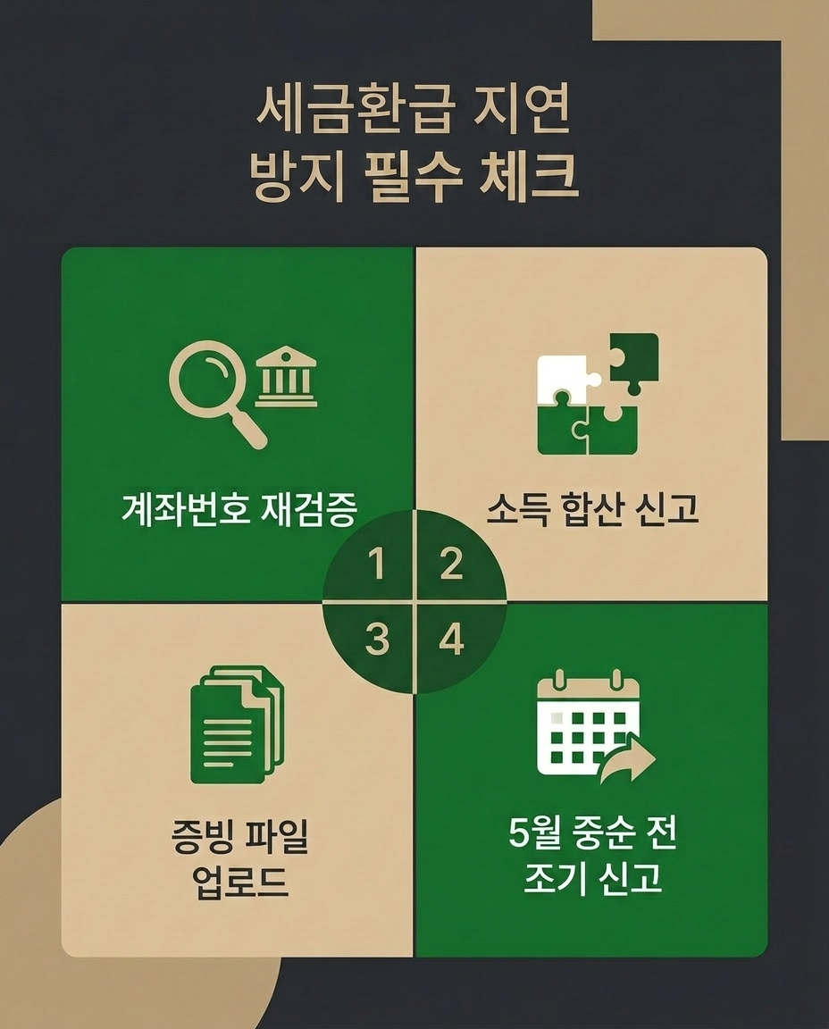계좌 확인, 소득 합산, 증빙 서류, 조기 신고 등 종합소득세 환급 지연 방지 4대 수칙 인포그래픽