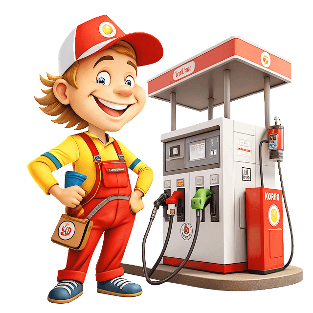 노란 셔츠와 빨강 멜빵바지를 입고 빨간 모자를 쓴 갈색머리 남자가 주유소 앞에서 웃고있다. 주유원 모습이다.