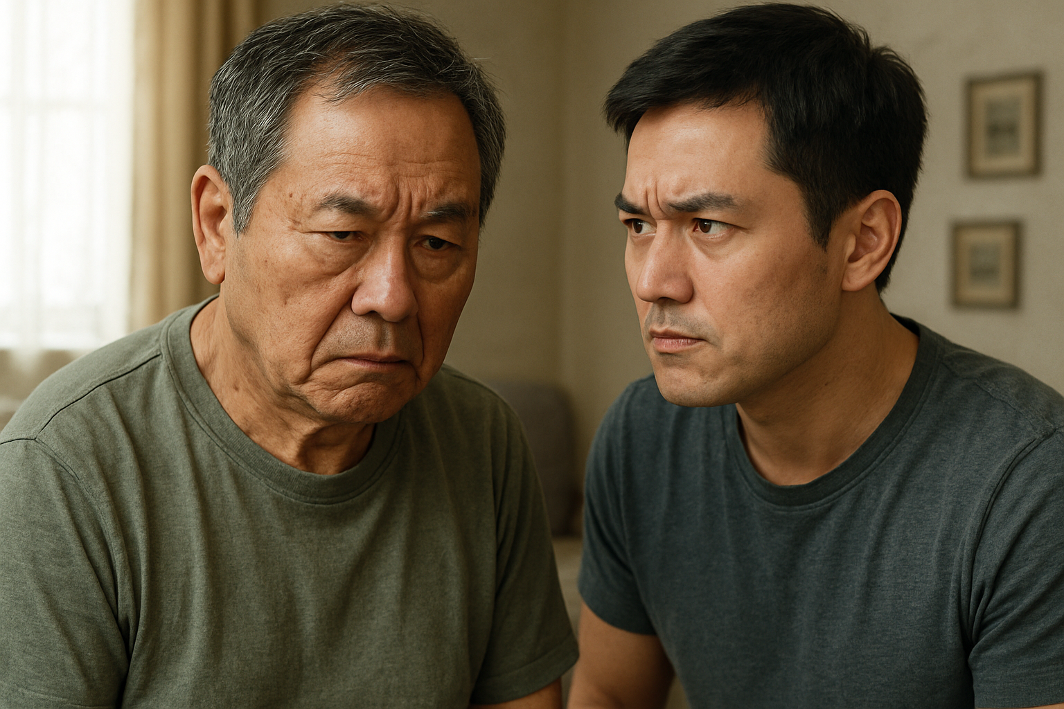 남자 노인과 그의 아들로 보이는 젊은 남성이 갈등 때문에 표정이 어두운 모습