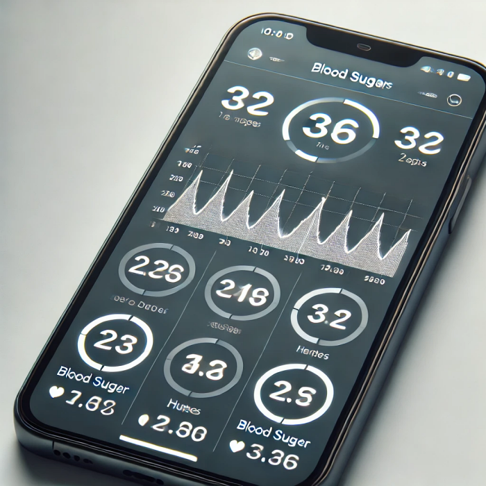 스마트폰 화면에 표시된 혈당 기록 그래프와 수치