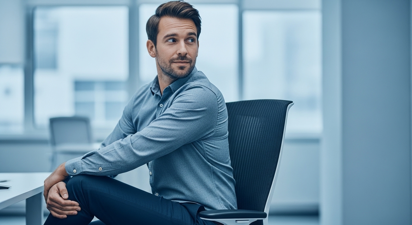 사무실 의자에 앉아 허리 비틀기 스트레칭을 하는 직장 남성, 등 근육 이완