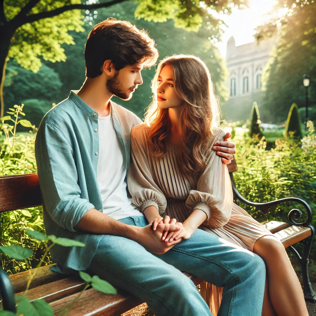공원 벤치에서 손잡고 서로를 응시하는 모습
