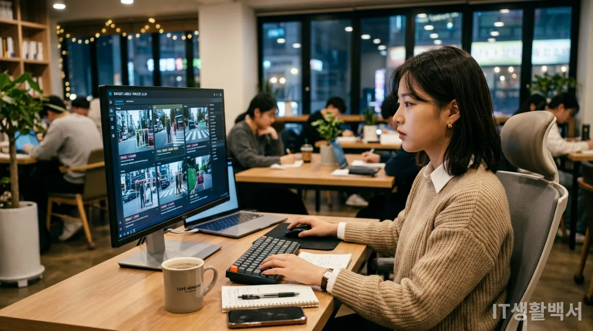 홍대 스터디 카페에서 AI 데이터 라벨링 작업 중인 한국 학생