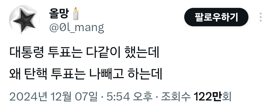 올망
@Ol_mang
대통령 투표는 다같이 했는데 왜 탄핵 투표는 나빼고 하는데
팔로우하기
2024년 12월 07일 · 5:54 오후ㆍ 조회수 122만회