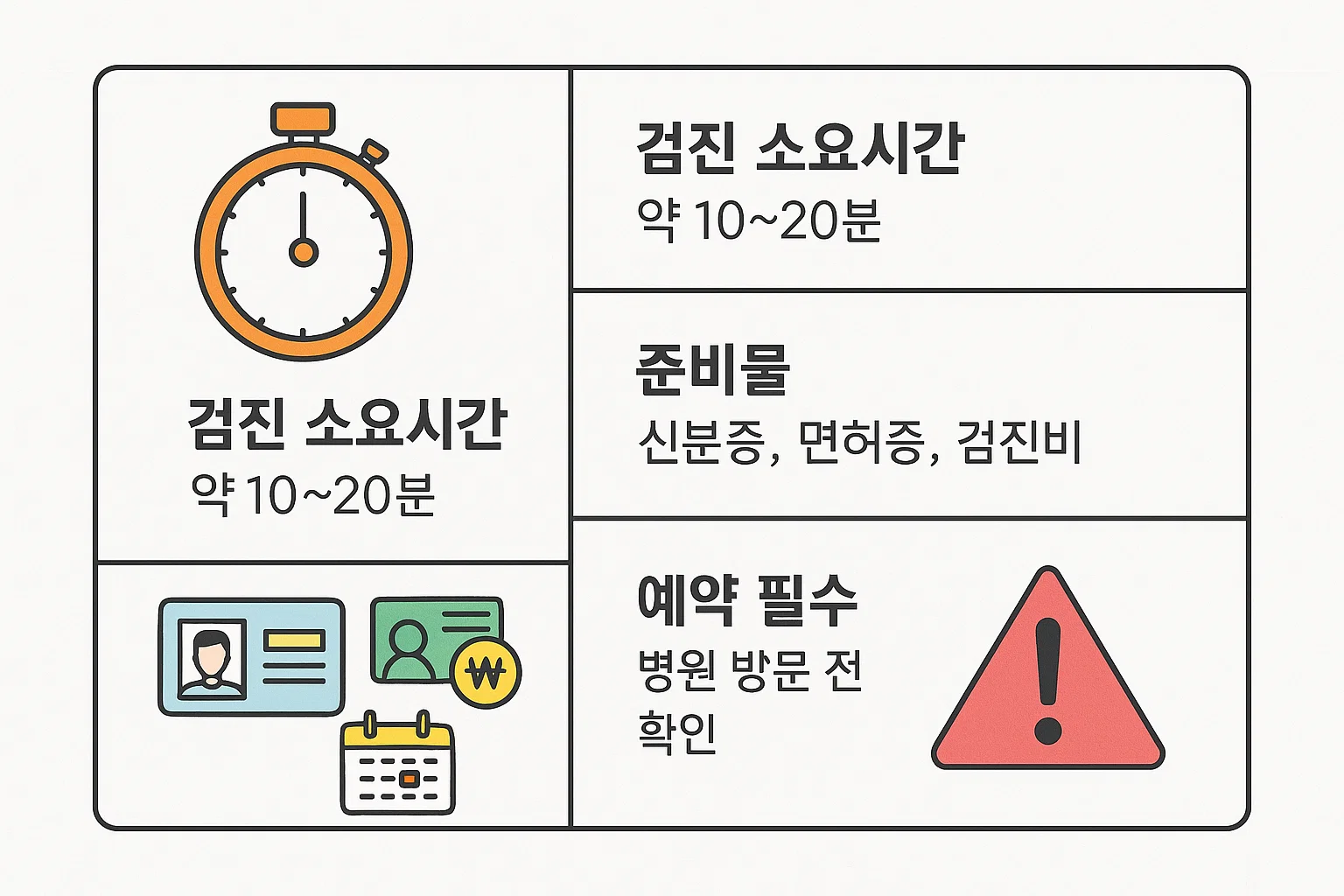 건강검진 소요시간, 신분증·면허증·검진비 등 필수 준비물, 병원 방문 전 예약 필요 여부를 단계별로 설명한 운전면허 건강검진 절차 안내 이미지입니다.