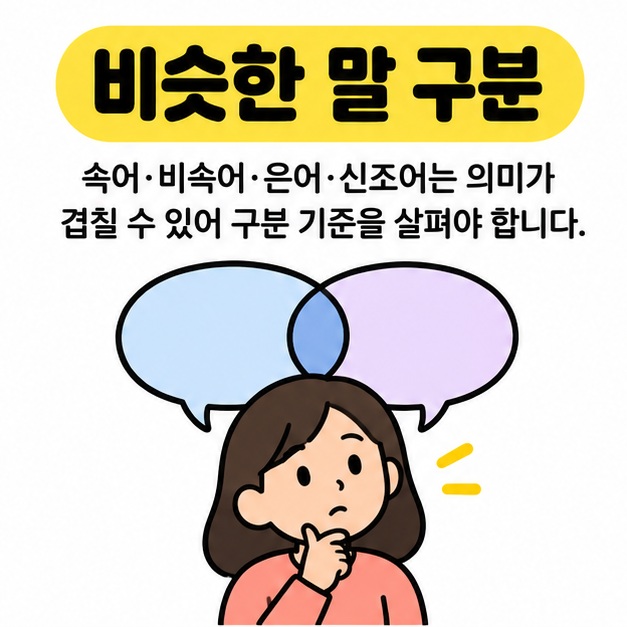 비슷한 말 구분이라는 제목 아래 사람이 겹친 두 말풍선을 바라보며 생각하는 그림