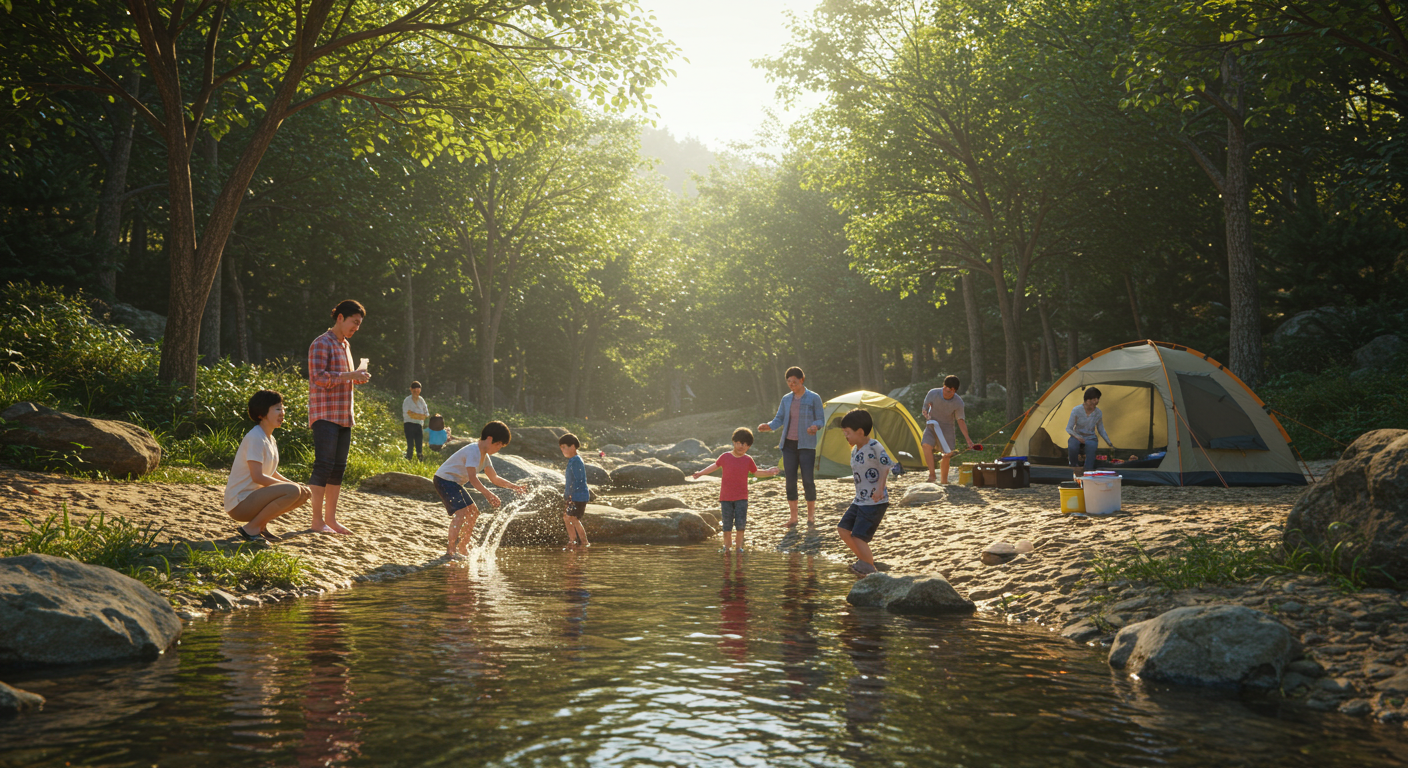 홍천의 맑은 계곡에서 한국인 가족들이 물놀이를 즐기며 캠핑하는 모습