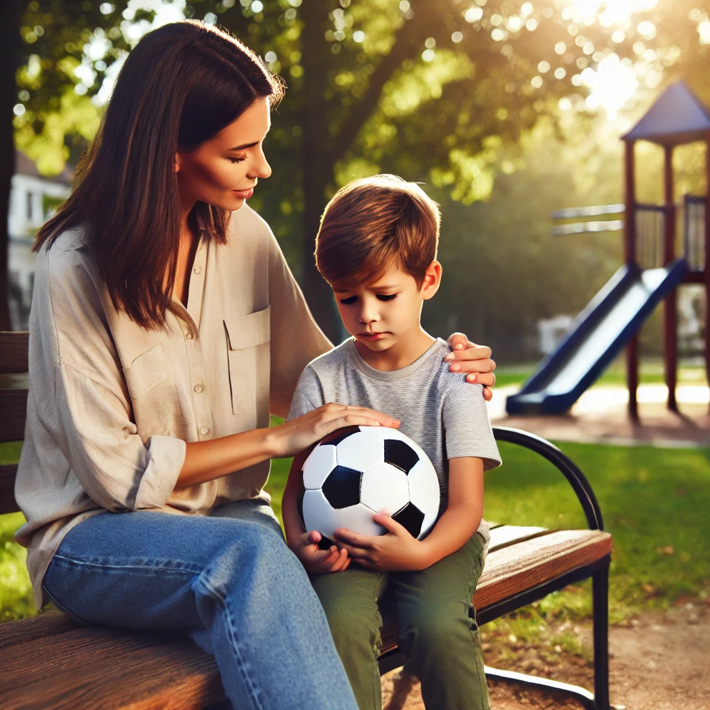 공원에서 아이를 위로하는 엄마