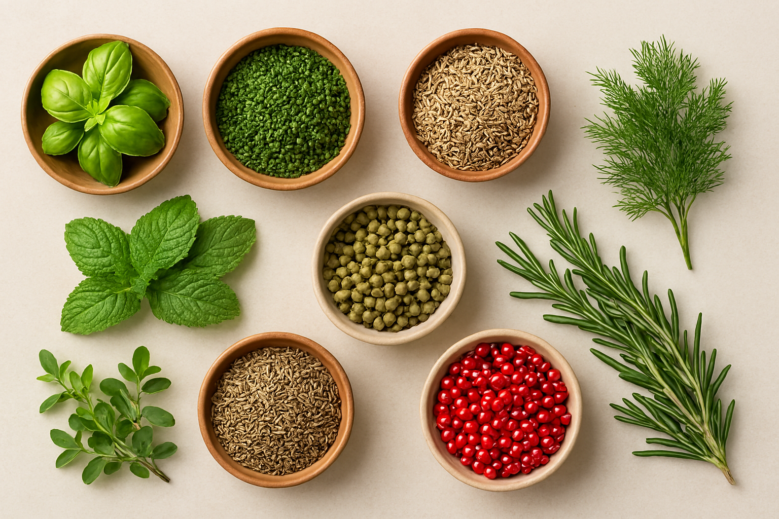 다양한 허브와 씨앗류 향신료가 정리된 모습