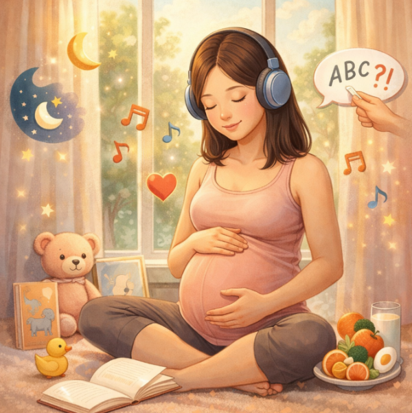 헤드폰으로 음악 태교를 하는 임산부와 따뜻한 실내 분위기