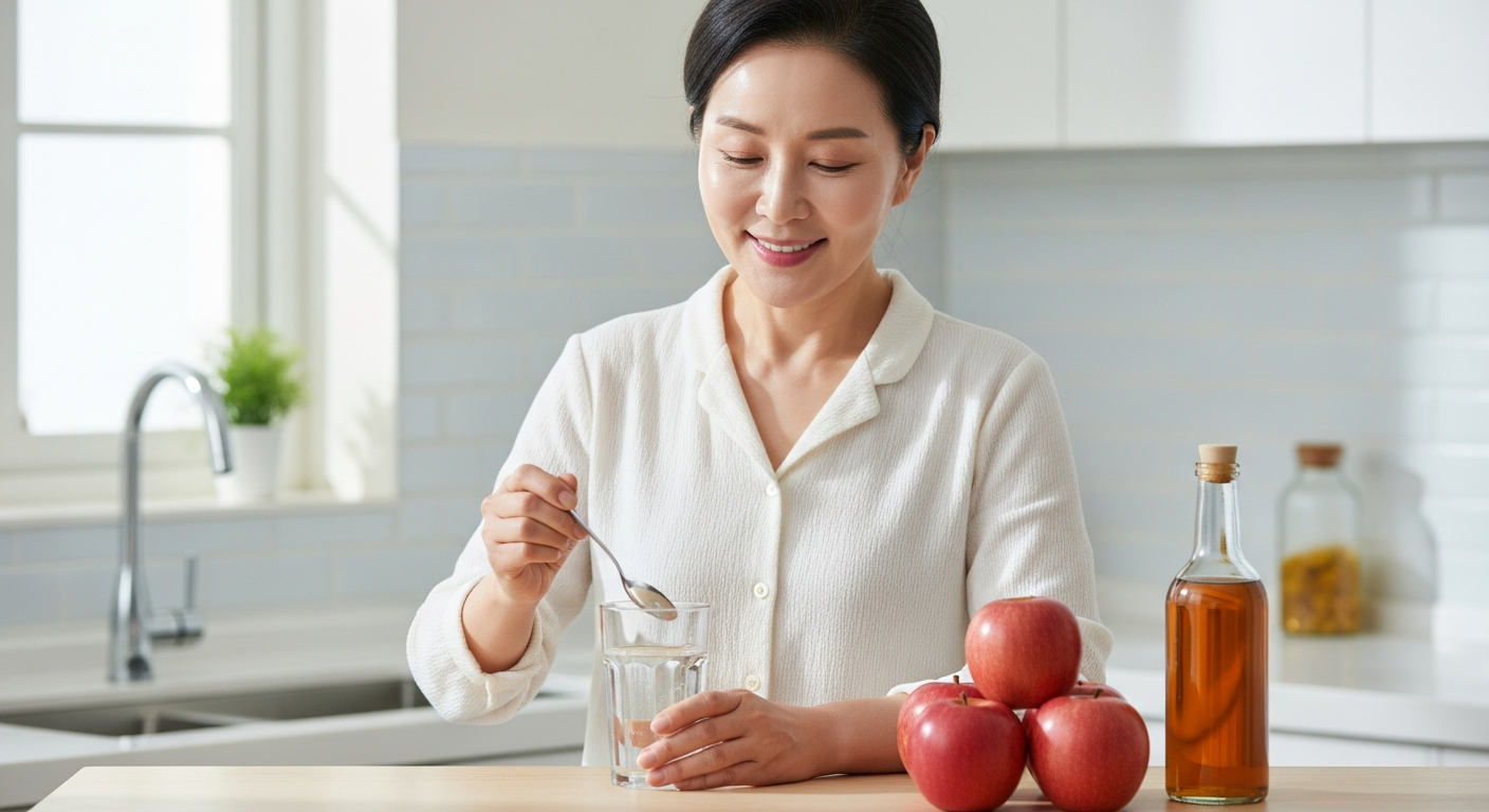 탄수화물 흡수를 늦추고 혈당을 낮추기 위해 식사 전 식초 한 스푼을 준비하는 모습