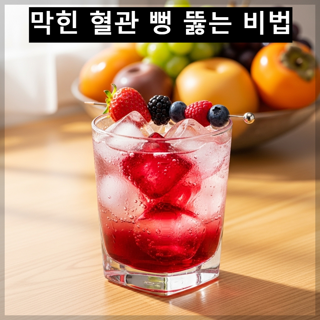 붉은 홍초 원액이 투명한 유리병에 담겨 있고, 탄산수와 희석된 음료 잔, 신선한 과일(석류 또는 베리)이 함께 놓인 활력 넘치는 이미지