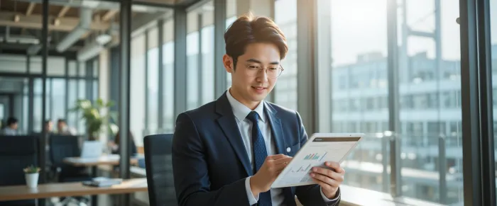 태블릿으로 차트 분석하는 사업가