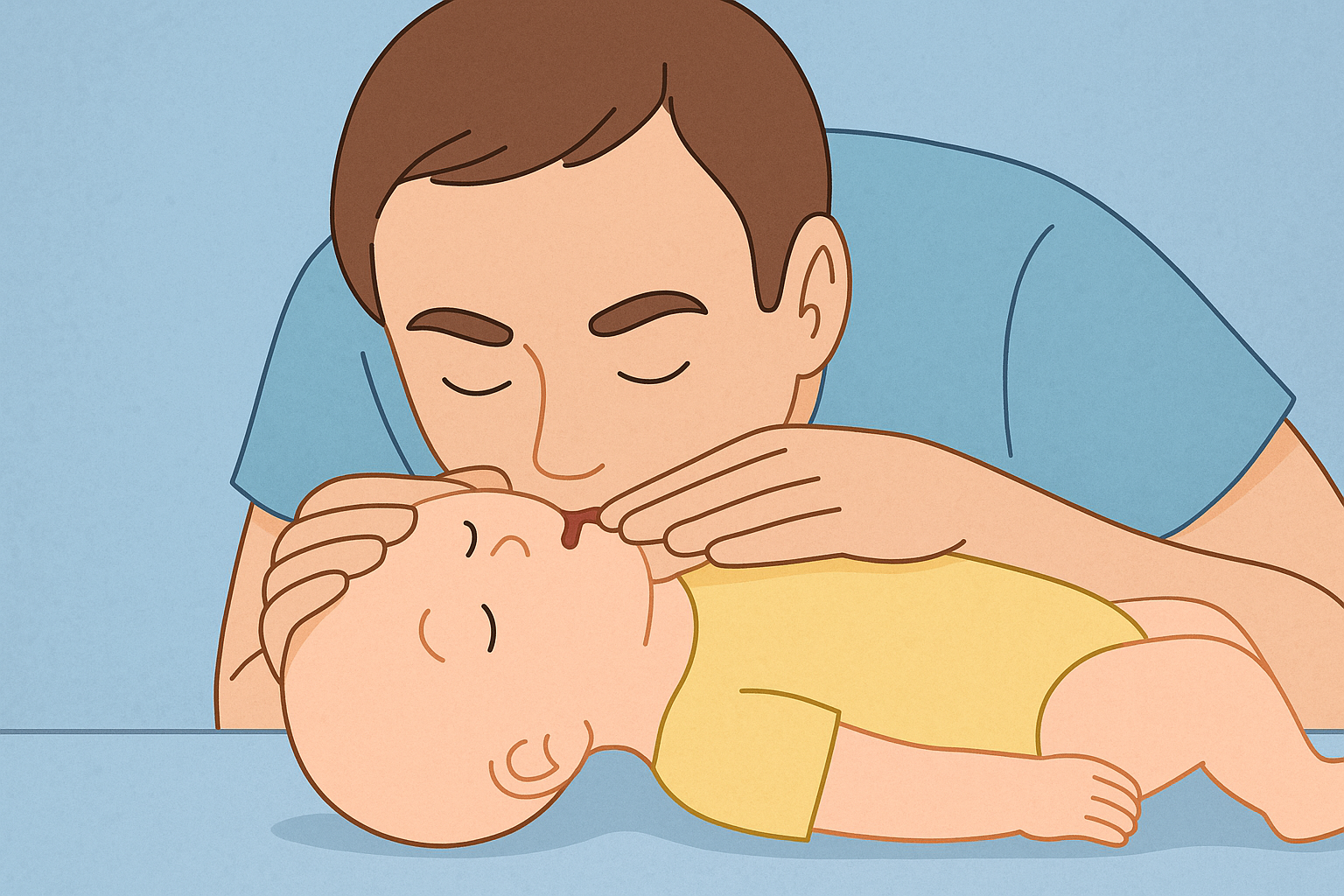 유아에게 인공호흡을 할 때 입과 코를 동시에 덮는 장면