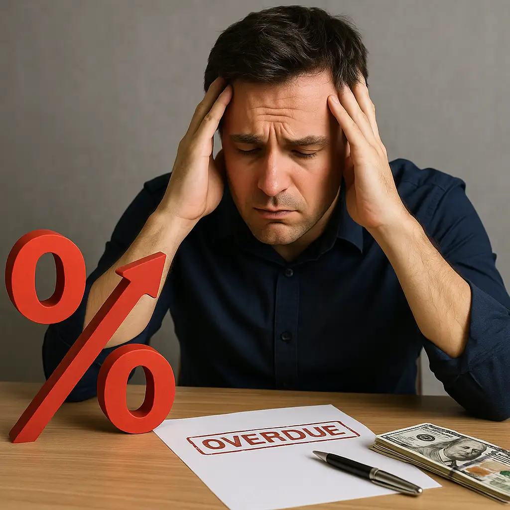연체로-인해-금융적-압박을-느끼는-사람과-높은-이자율을-상징하는-상승-퍼센트-표시가-함께-표현된-재정적-스트레스를-나타낸-이미지