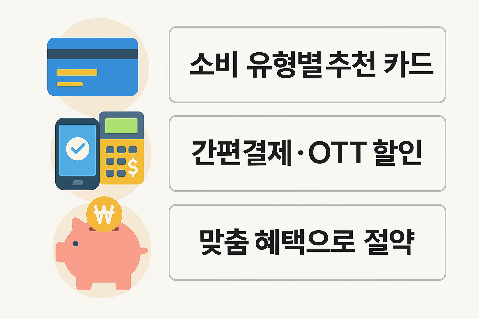 간편결제·OTT 할인, 소비 유형별 추천 카드, 맞춤 혜택을 통한 절약 전략을 시각적으로 구성한 인포그래픽입니다.