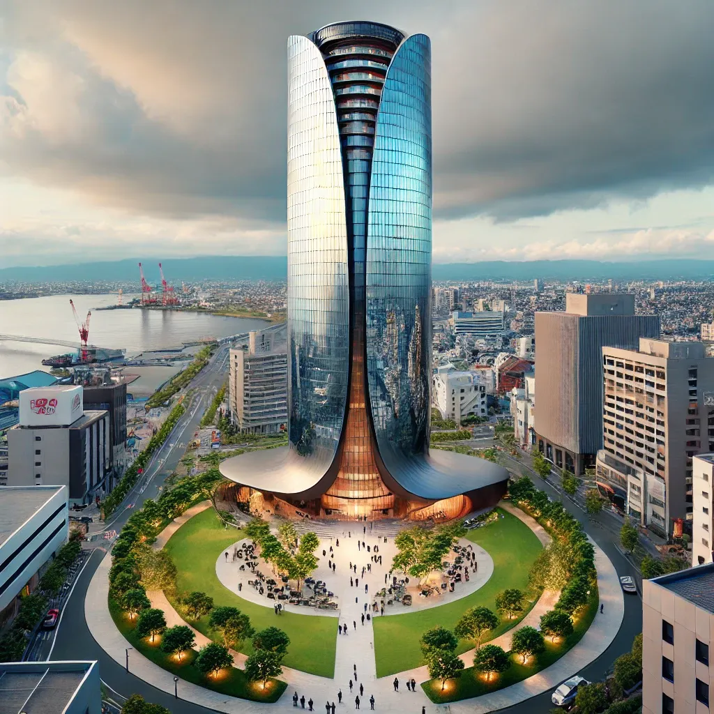 낮에 푸른 나무들로 둘러싸인 후쿠오카 타워의 모습