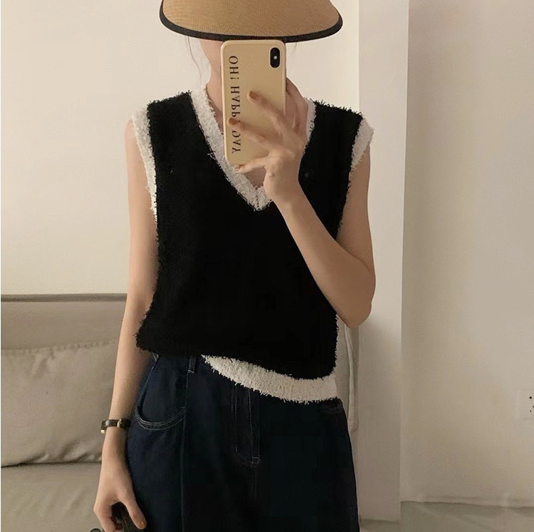 가을 브이넥 니트조끼 데일리 배색 니트 조끼 베스트