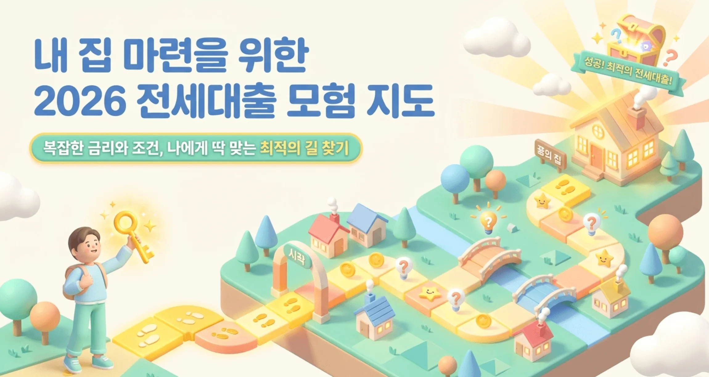 2026 전세자금대출 금리비교를 안내하는 대표 이미지. 황금 열쇠를 든 사람이 출발점에서 보드게임 모험 지도를 따라 다리를 건너 꿈의 집에 도착하는 모습으로, 복잡한 금리와 조건 속에서 나에게 맞는 최적의 전세대출을 찾아가는 과정을 표현함. 버팀목 청년 신혼부부 신생아 특례 등 전세자금대출 상품을 비교해 내 집 마련의 길을 찾는다는 블로그 주제를 시각적으로 전달함