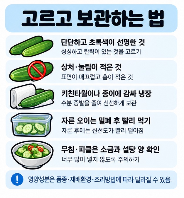 단단하고 선명한 오이 고르기 종이에 감싸 냉장 보관하기 자른 오이는 빨리 먹기를 보여주는 카드