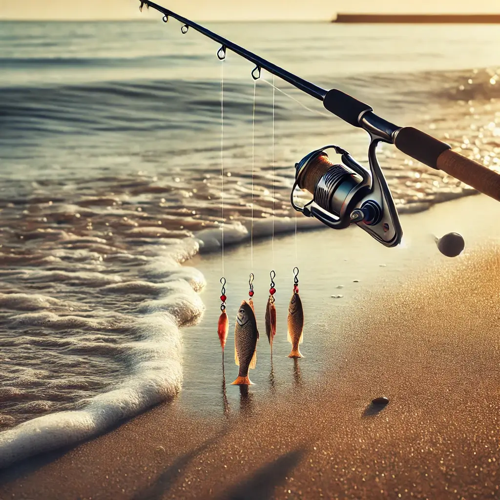 해변에 세팅된 도다리 낚시용 낚싯대