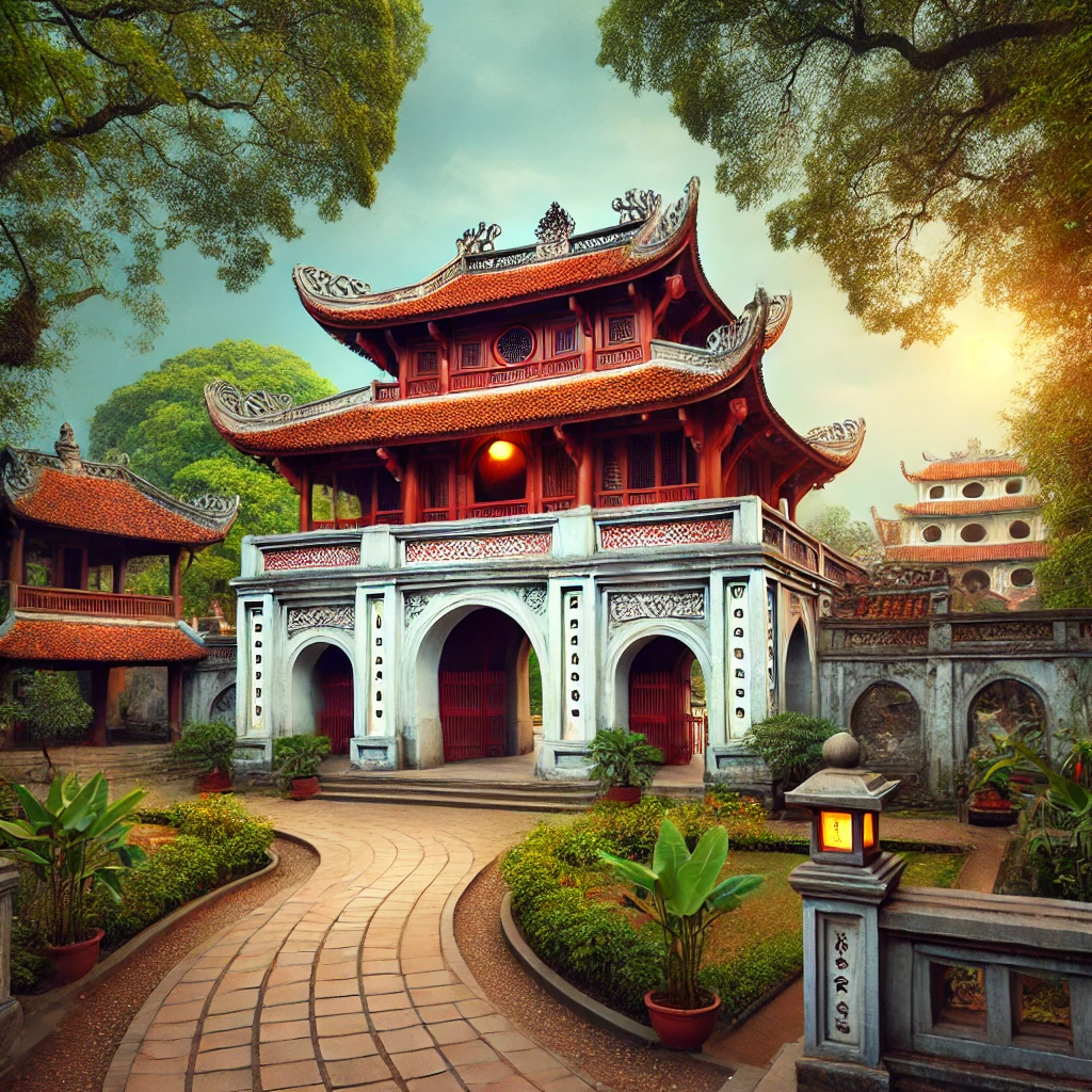 하노이 문학사당의 고풍스러운 정문과 전통 건축물