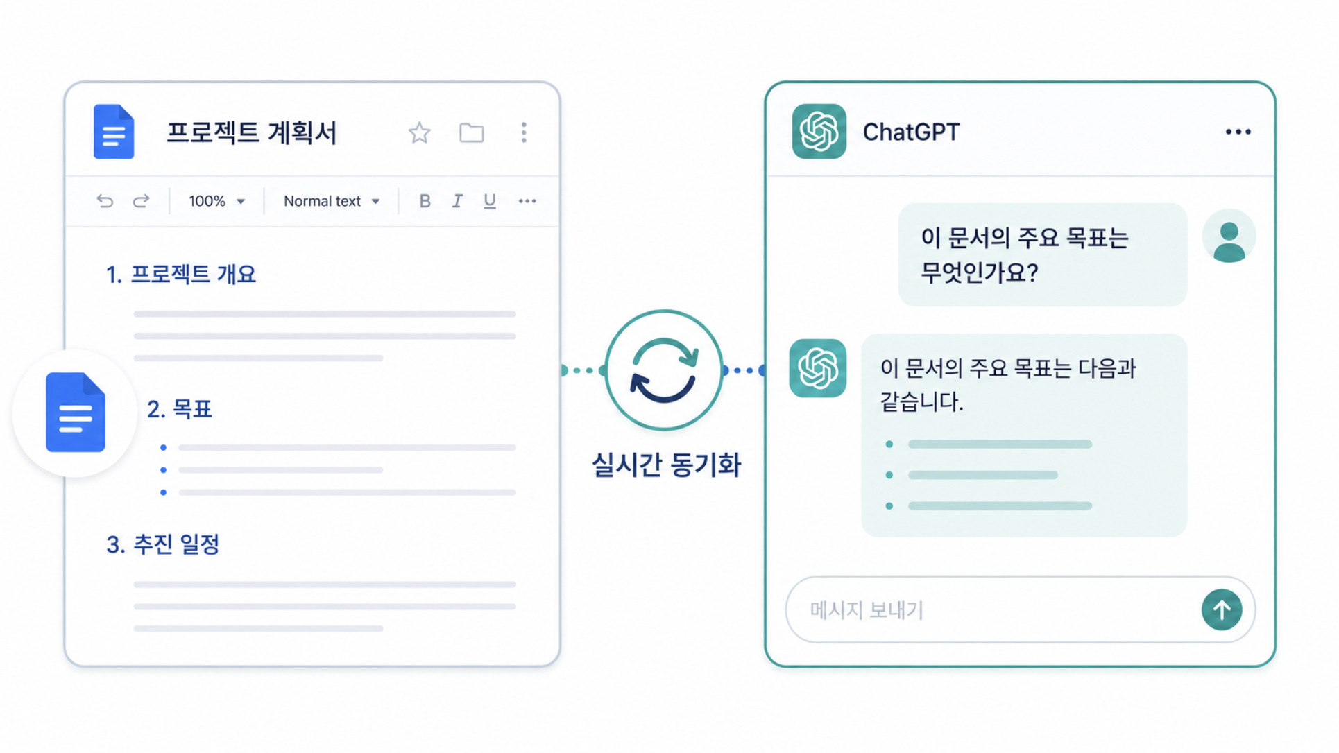 구글 문서를 채팅 옆에 띄워놓고 질문하는 화면을 나타낸 일러스트