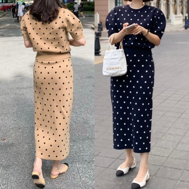 당일 애프터글로우 도트 라운드 니트 스커트 세트 반팔 롱 치마 투피스 니트 투피스 셋업