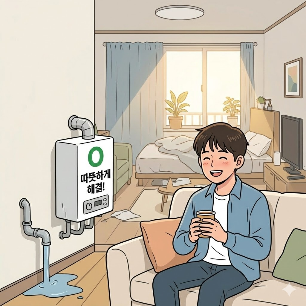 해결 후 따뜻하고 편안한 방에서 만족스러운 표정을 짓고 있는 자취생.