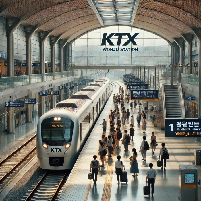 원주역에 도착한 KTX 열차와 하차하는 승객들