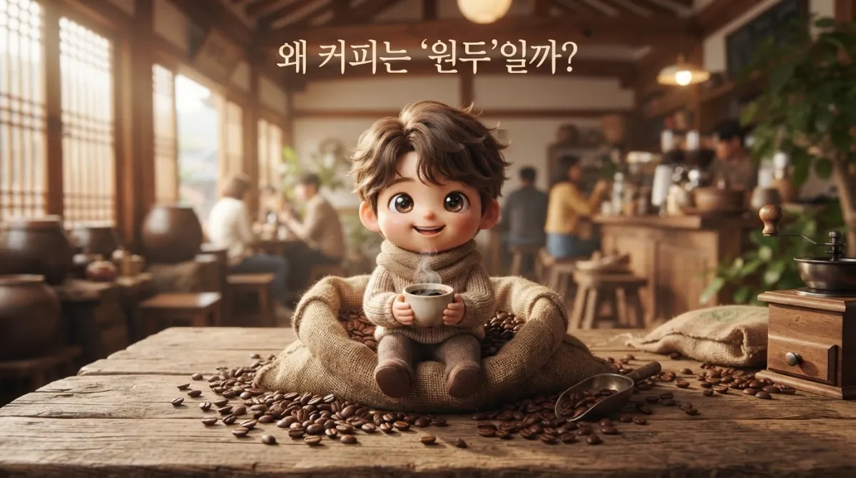 볶은 커피 원두와 따뜻한 커피 한 잔이 놓여 있는 커피 원두 유래 이미지
