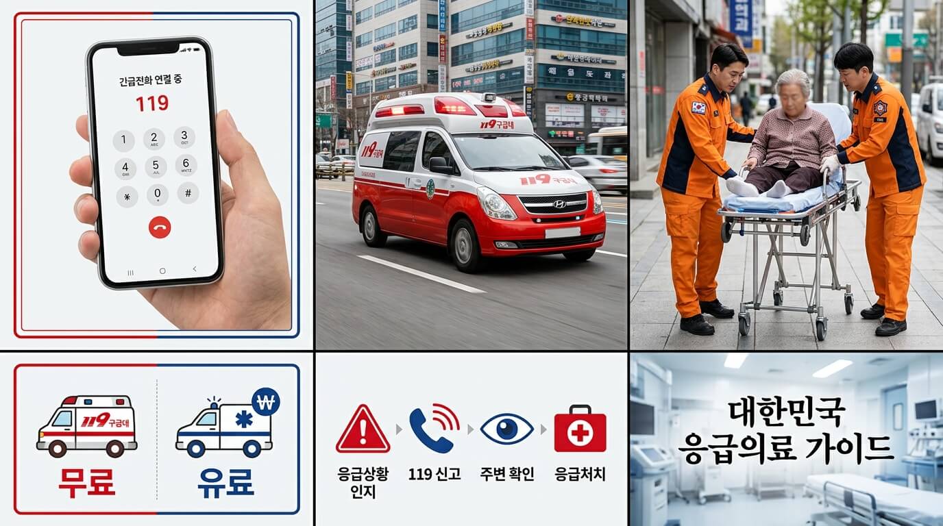 119 구급차 이용 방법과 사설 구급차 비용 차이를 설명하는 응급의료 인포그래픽