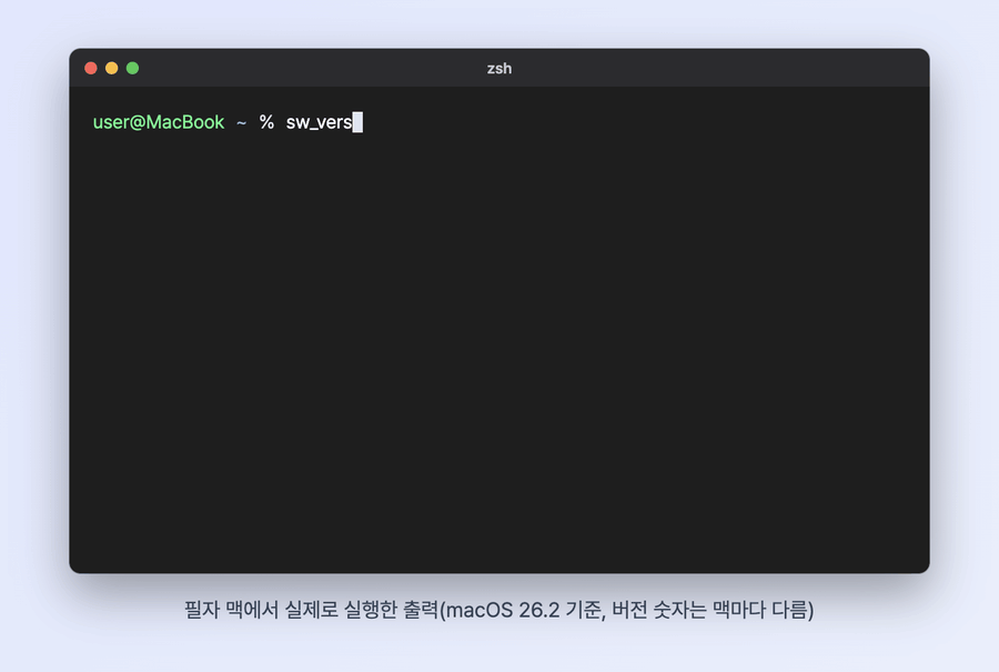 맥 터미널에서 sw_vers, echo $SHELL, xcode-select -p, git --version을 차례로 실행한 실제 출력