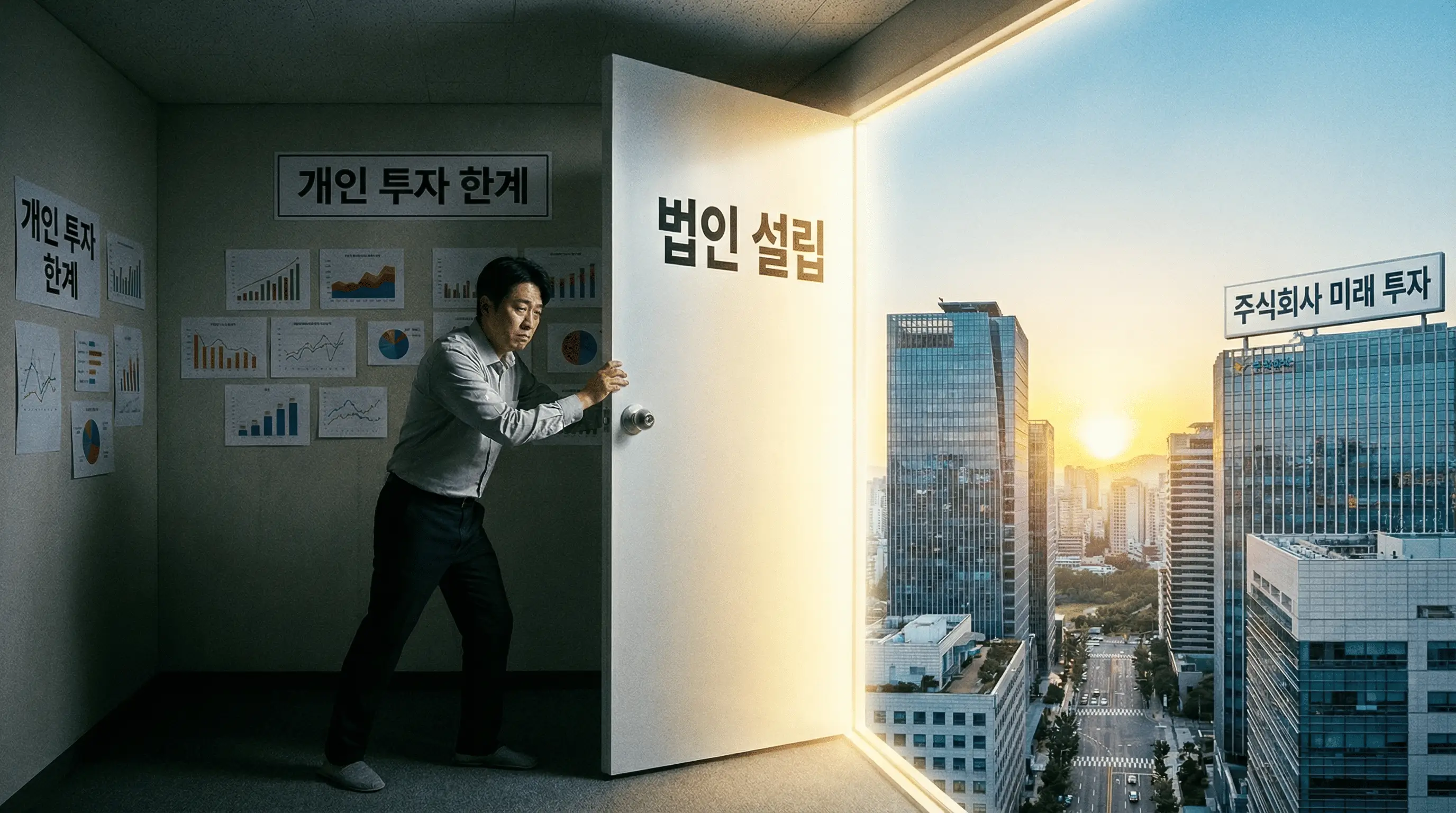 개인 명의 투자의 한계에 부딪힌 투자자가 법인 설립이라는 새로운 문을 열고 나아가는 모습을 상징적으로 표현한 이미지