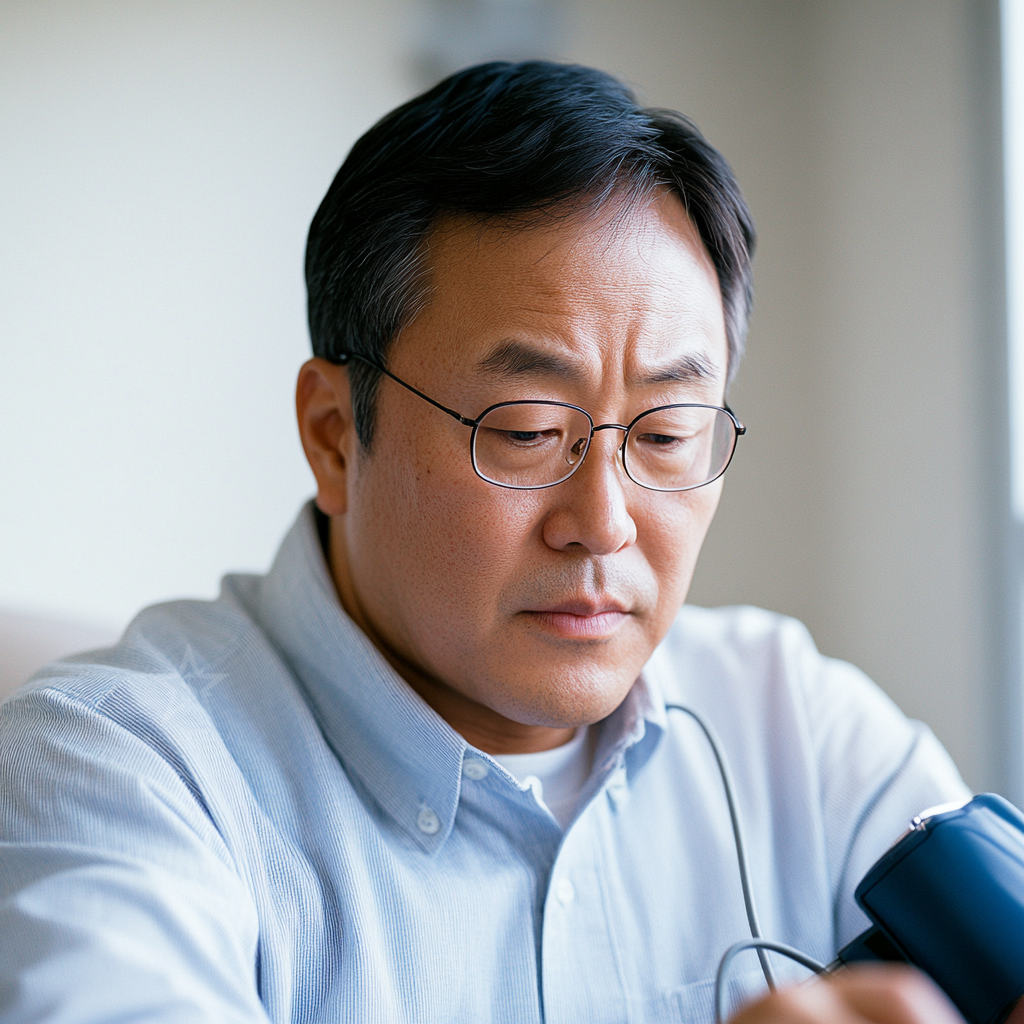 혈압계로 측정중인 중년의 남성