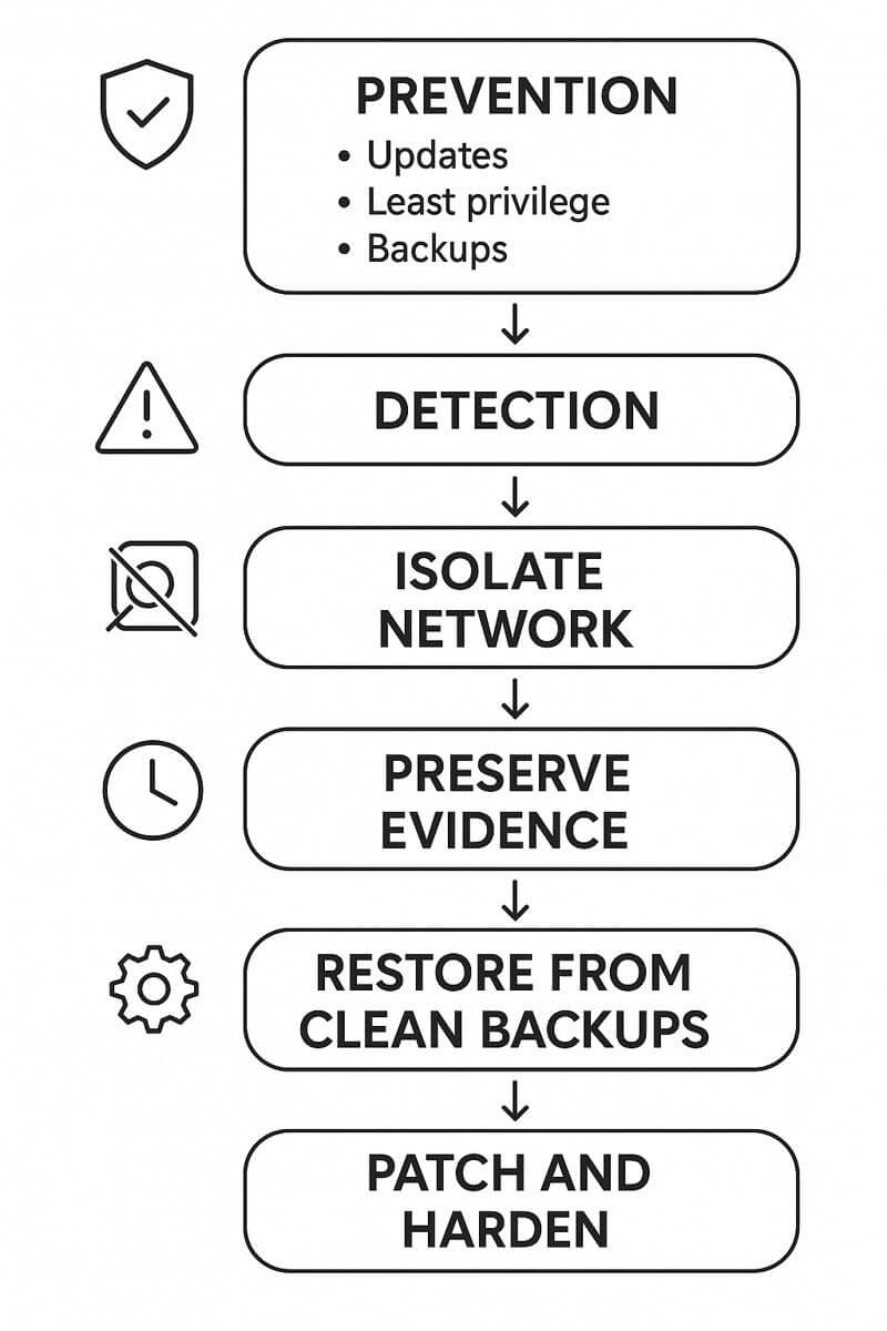 랜섬웨어를 예방하는 단계(업데이트&middot;권한&middot;백업)에서 시작해 감염 징후 탐지 후 네트워크 격리, 증거 확보, 복구(백업 복원), 마지막 재발 방지 조치까지의 대응 절차를 단계별로 정리한 흐름도
