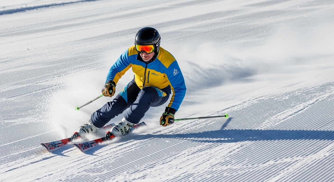 얼어붙은 슬로프에서 정교한 에지 컨트롤을 선보이는 베테랑 동양인 스키어의 훈련 모습 예시