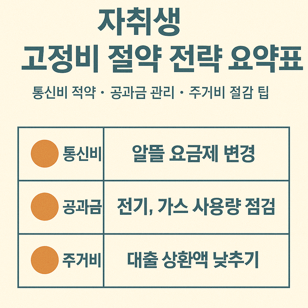 자취생 고정비 절약 전략 요약표
통신비 절약, 공과금 관리, 주거비 절감 팁