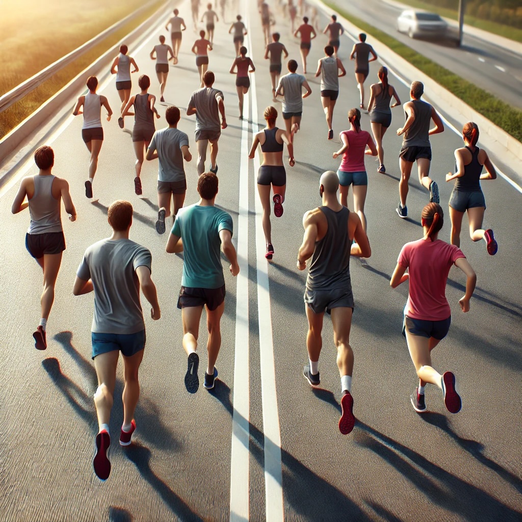 올바른 자세로 장거리 러닝을 즐기고 있는 사람들을 보여주는 사진