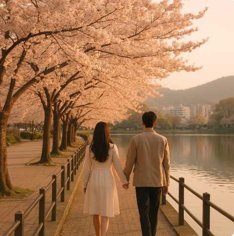 대구 수성못 벚꽃 아래를 걷는 연인